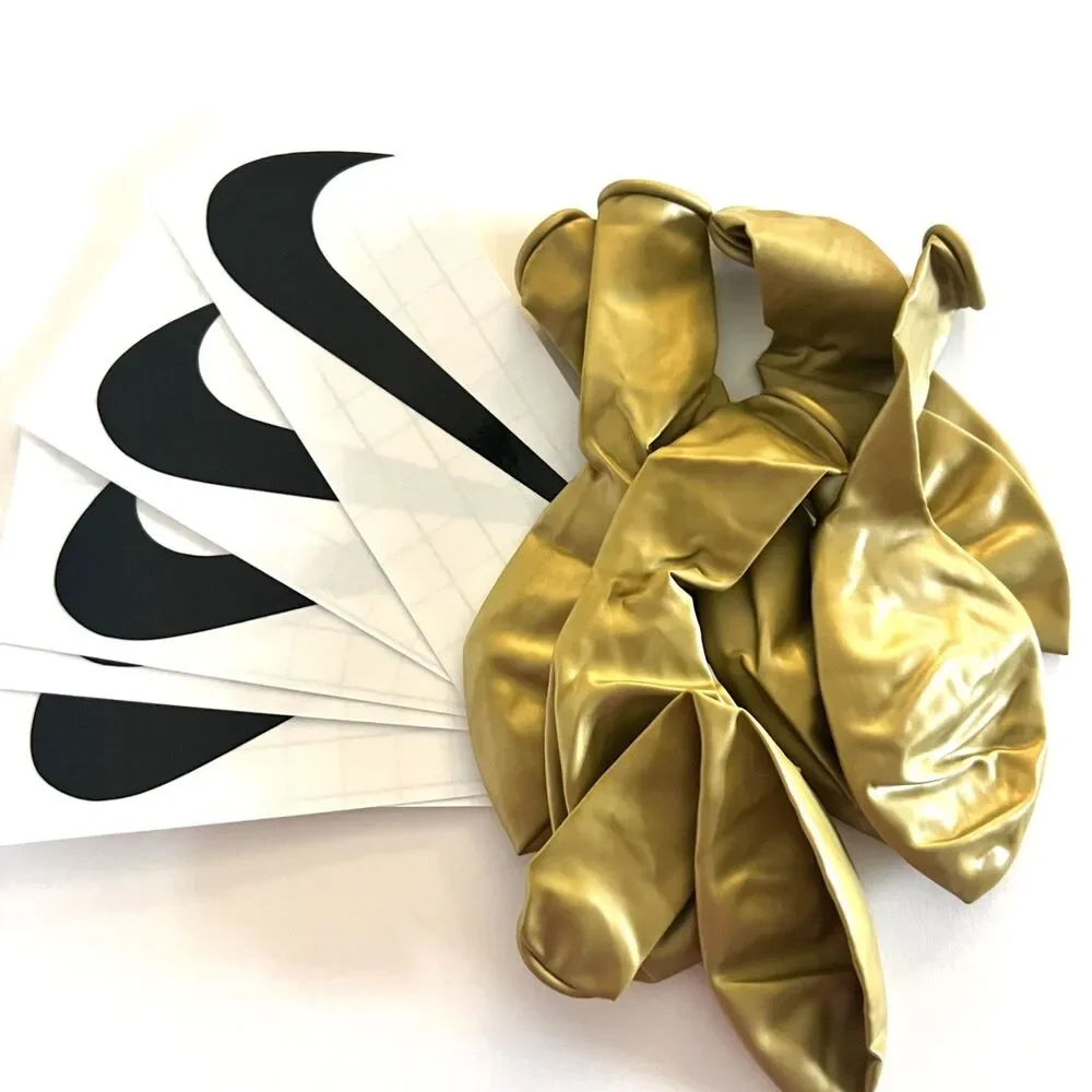 6 Count Nike Theme Latex Balloons Nike Check Decal Sticks With Gold Balloons